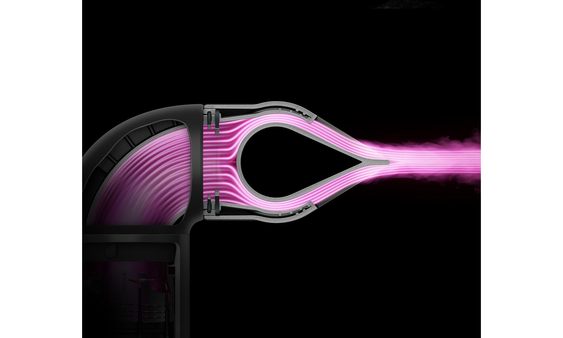 Pink graphics show the concentrated airflow generated by the Blade concentrator attachment.