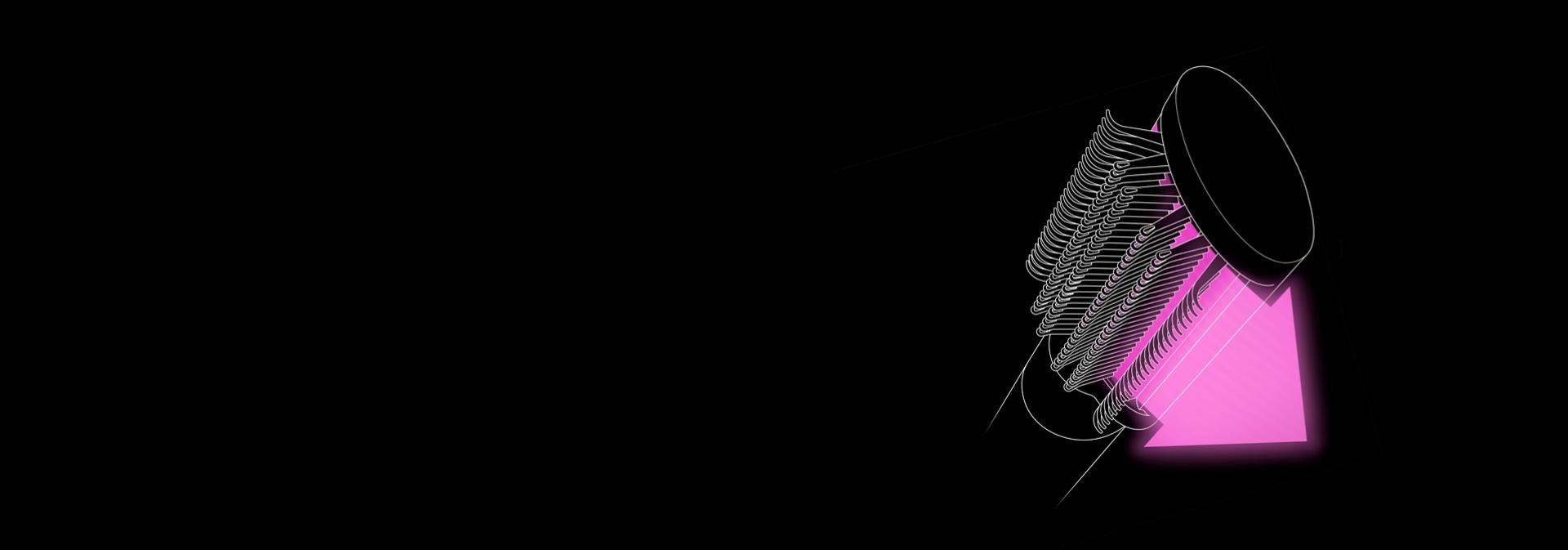 Ružová grafika znázorňuje prúdenie vzduchu cez kefu proti namotávaniu.