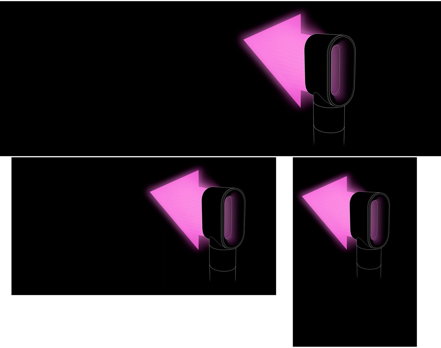 Pink graphics show the powerful airflow from the Fast dryer. Pink graphics show the powerful airflow from the Fast dryer.