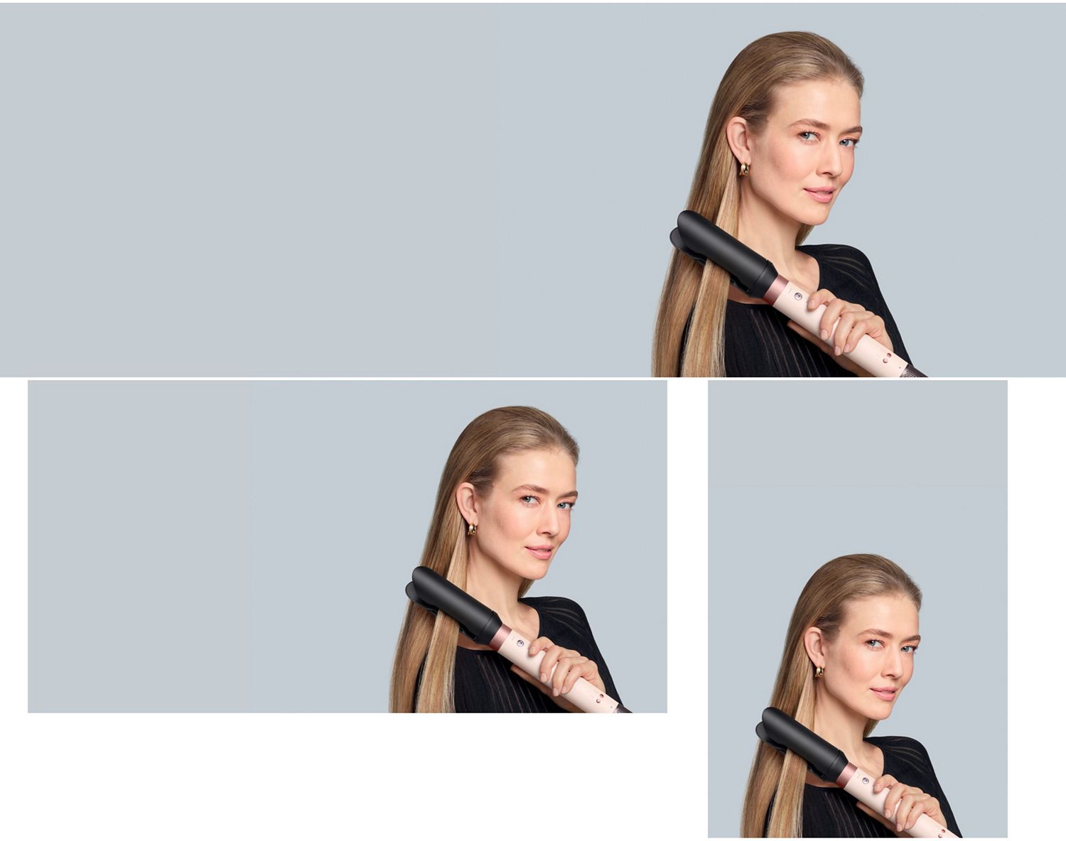 Dyson Airwrap Co-anda2x multi-styler and dryer used by a model to style her hair.