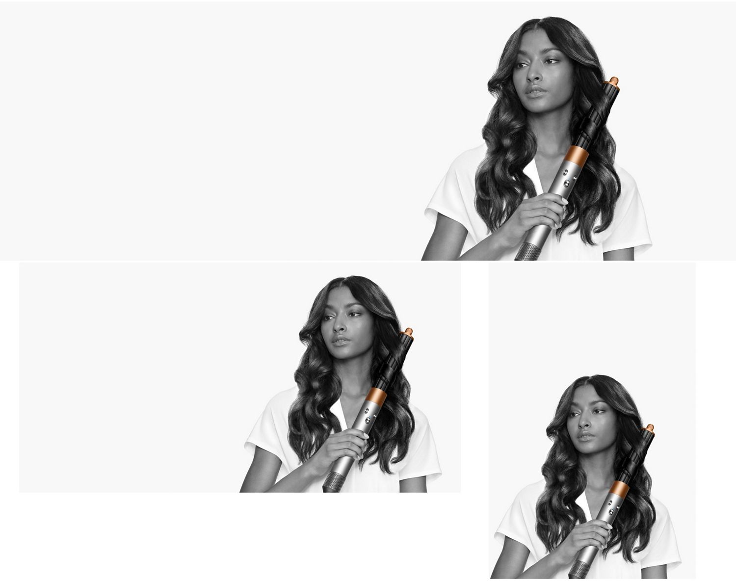 A brunette model smooths flyaways with her Dyson Airwrap Origin multi-styler and dryer.