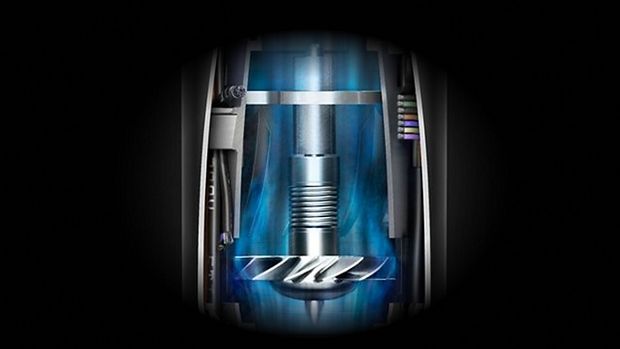 Šķērsgriezums, kurā redzams Dyson Airwrap Origin daudzfunkcionālās matu ieveidošanas ierīces un žāvētāja Dyson digitālais motors V9.