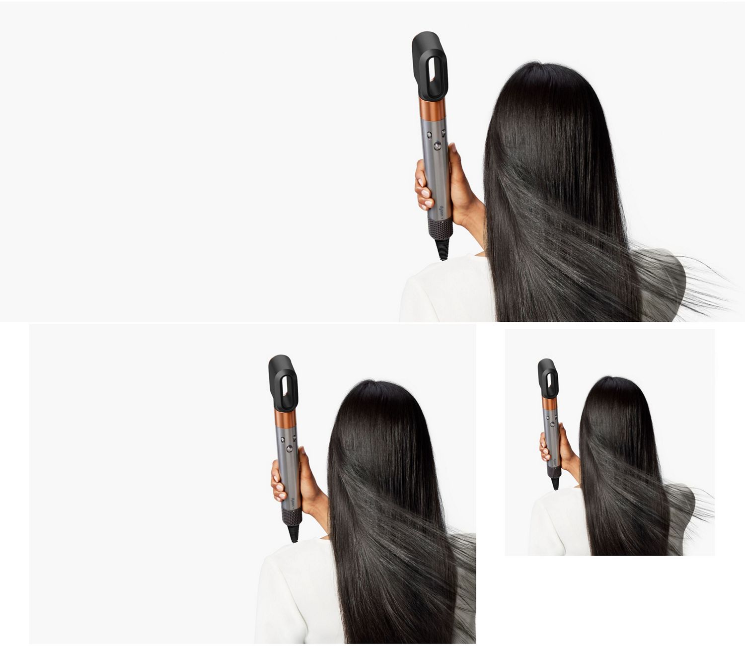 The Dyson Airwrap Origin multi-styler and dryer used by a model to dry her hair.