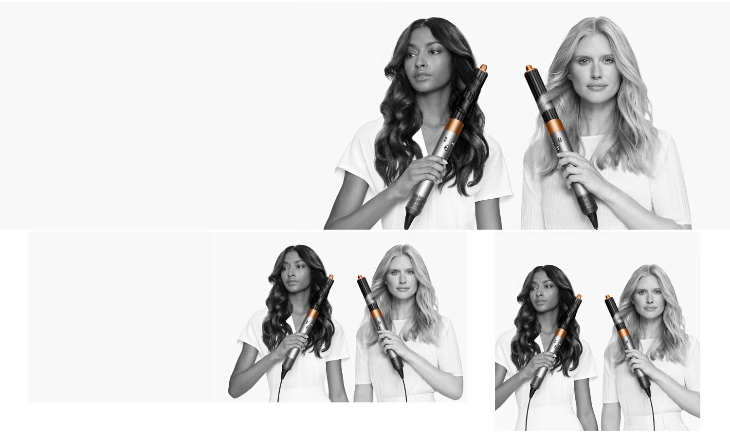 Two models with different hair types style their hair with the Dyson Airwrap multi-styler and dryer.