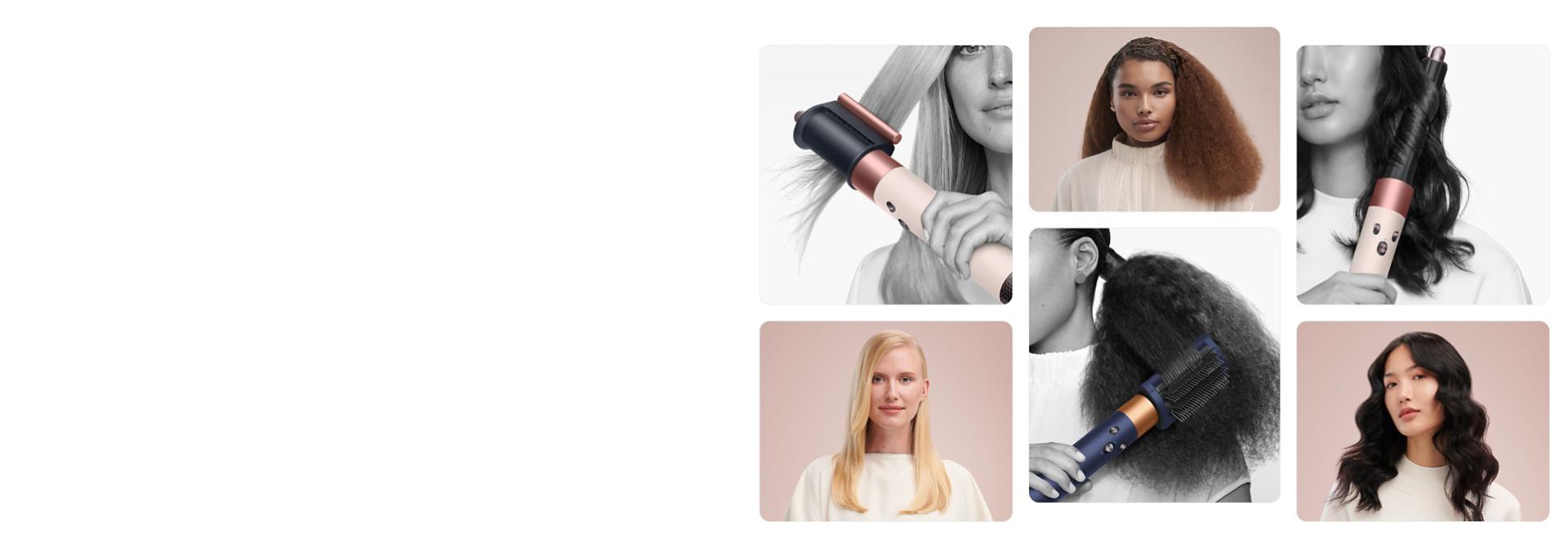 Tabuľka s modelkami upravujúcimi si vlasy pomocou multistylera a sušiča vlasov Dyson Airwrap.
