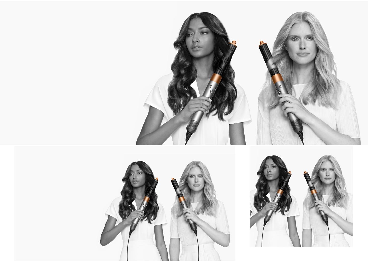 Two models with different hair types style their hair with the Dyson Airwrap multi-styler and dryer.