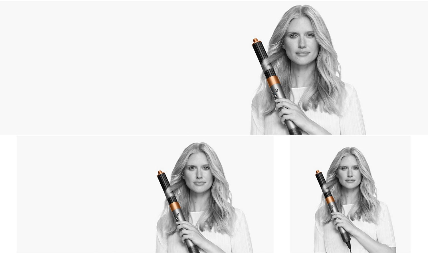 Dyson Airwrap Origin multi-styler and dryer used by a model to style her hair.