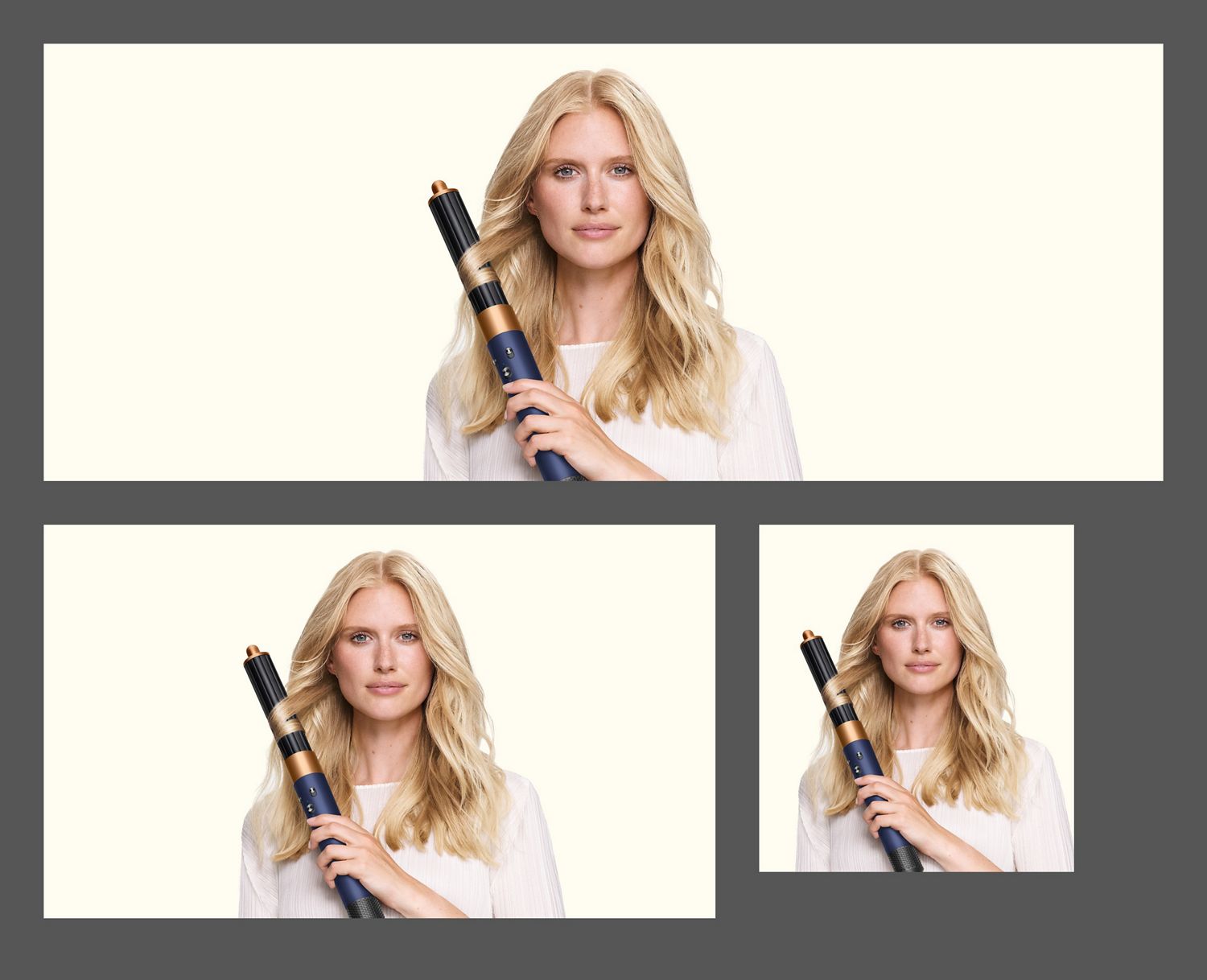 Model curls her hair using the Dyson Airwrap Origin multi-styler and dryer.