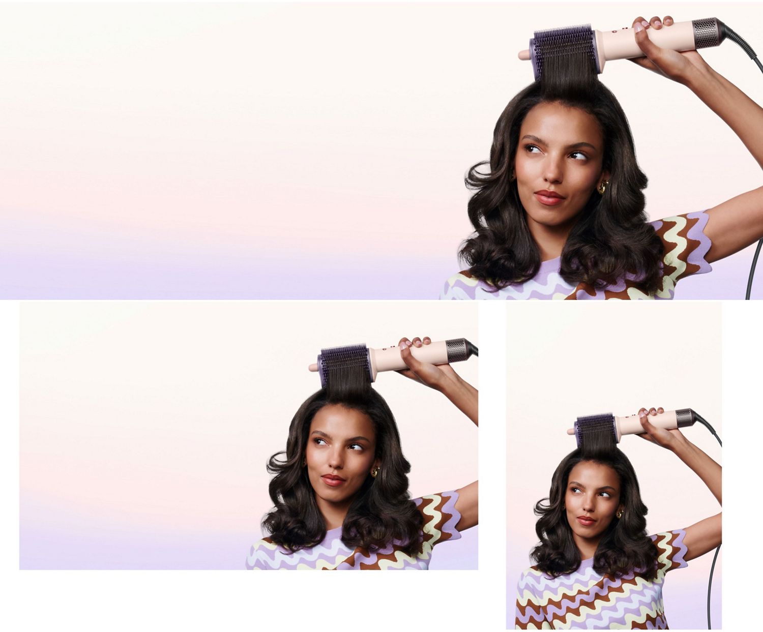 Model brushes her hair with the Dyson Airsmooth styling brush.