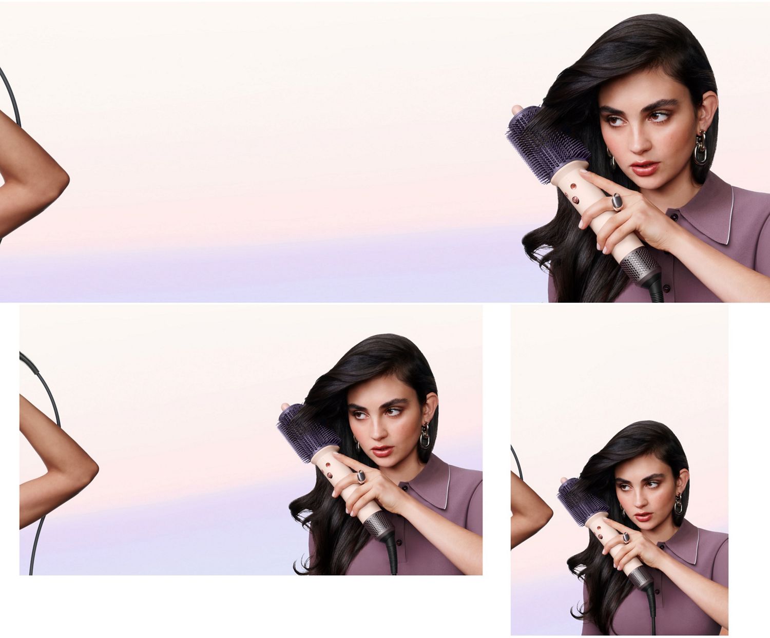 Model brushes her hair with the Dyson Airsmooth styling brush.