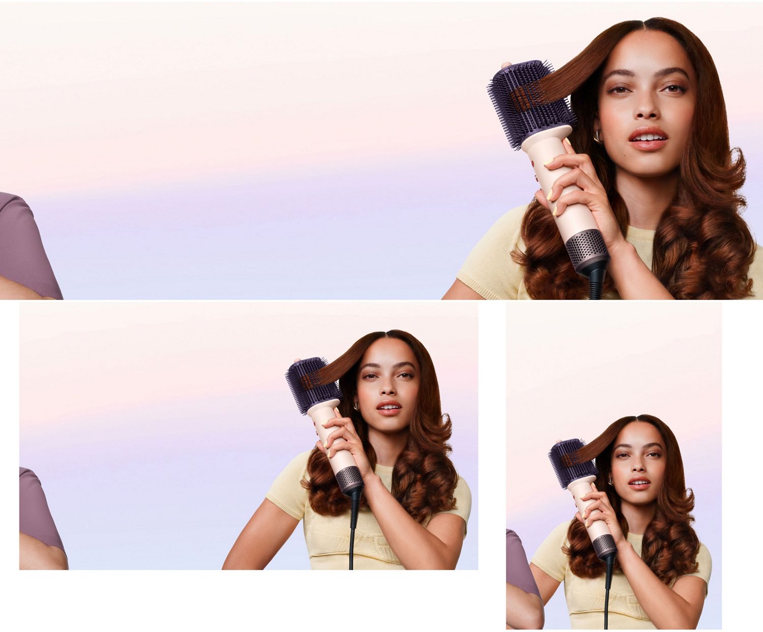 Model stretches her hair with the Dyson Airsmooth styling brush.