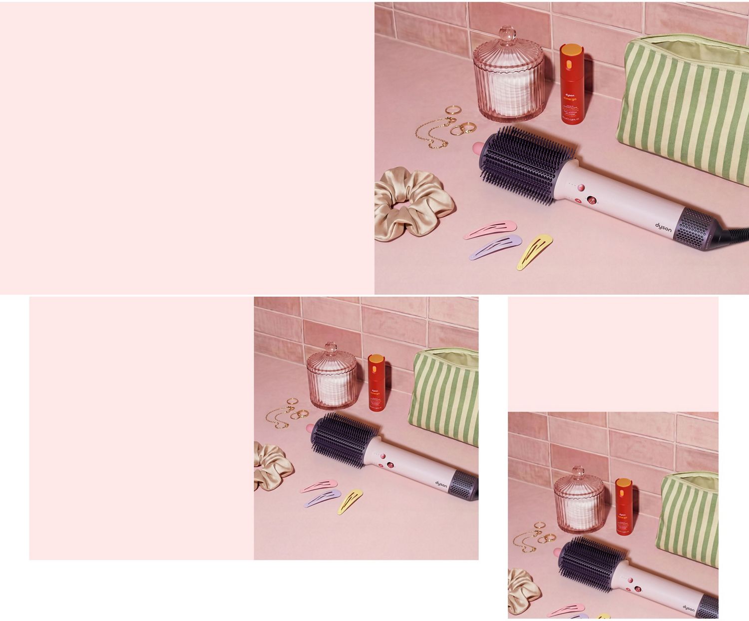 Dyson Airsmooth styling brush next to hair clips and a toiletries bag.