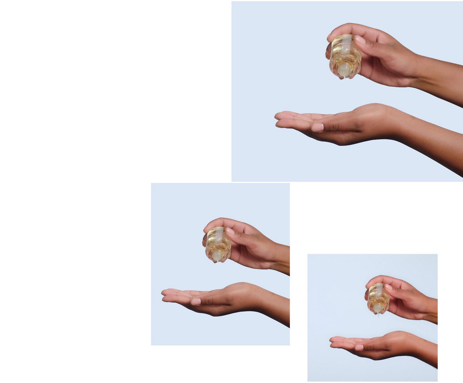 Dyson Omega hydrating hair oil is dispensed into the palm of a hand.
