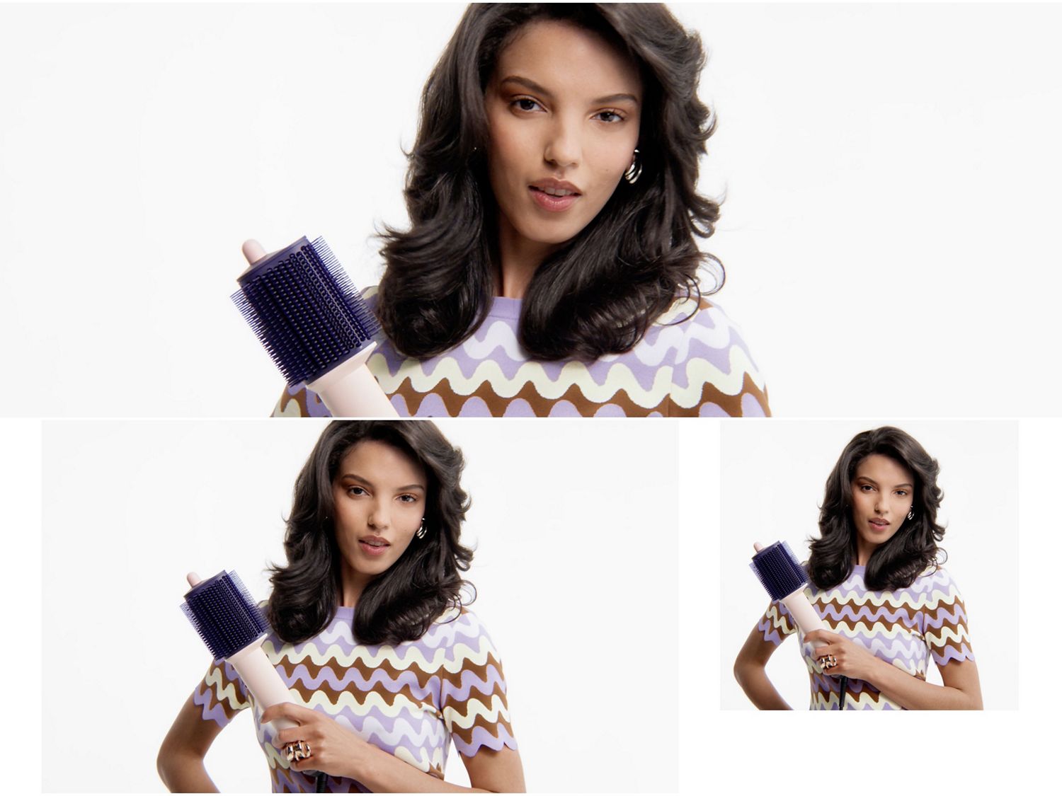 Le mannequin aux cheveux coiffés tient la brosse soufflante Dyson Airsmooth.