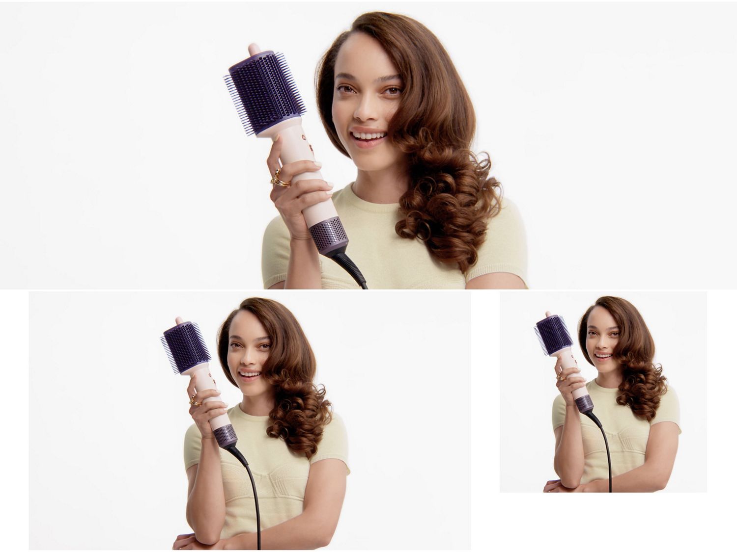 Model mit gestyltem Haar hält die Dyson Airsmooth Warmluftbürste.