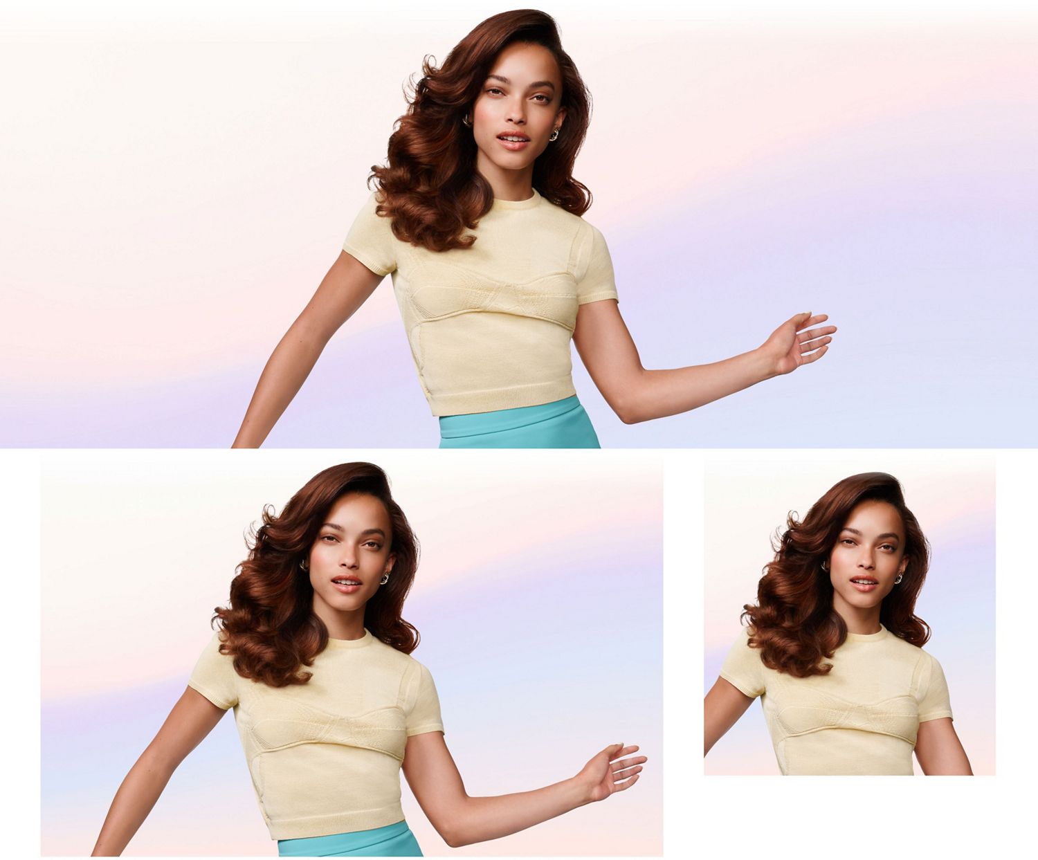 Model shows off styled hair achieved with the Dyson Airsmooth styling brush.