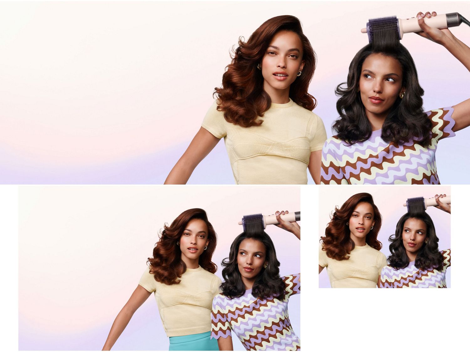 Pair of models style their hair with the Dyson Airsmooth styling brush and show off their smoothed hair.