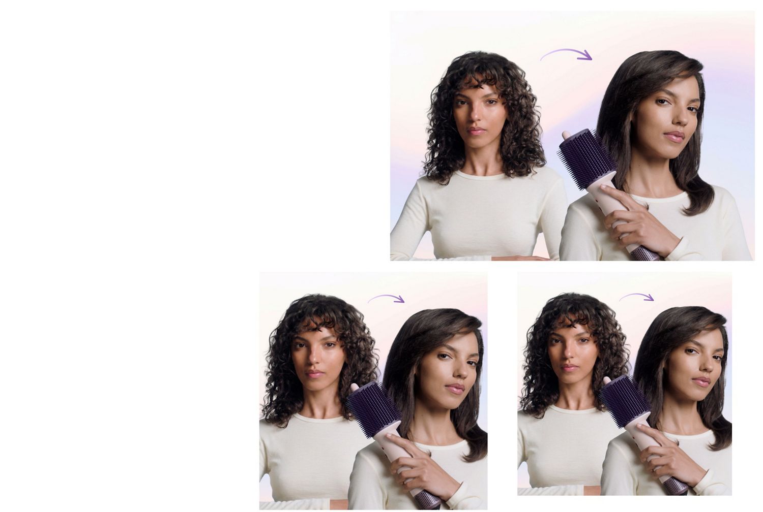 Before and after of a model with coily hair styled and smoothed with the Dyson Airsmooth styling brush.