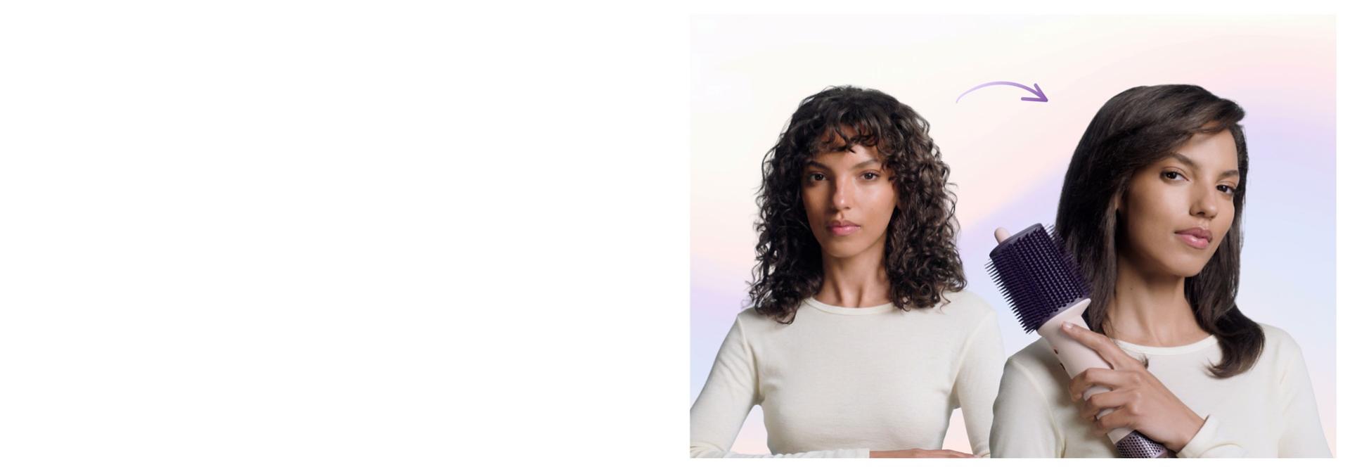 Before and after of a model with coily hair styled and smoothed with the Dyson Airsmooth styling brush.