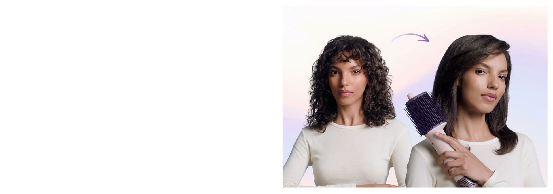 Before and after of a model with coily hair styled and smoothed with the Dyson Airsmooth styling brush.