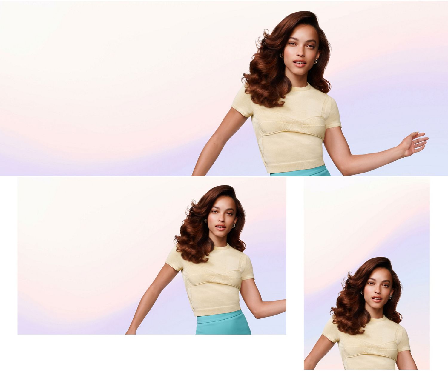 Model shows off styled hair achieved with the Dyson Airsmooth styling brush.