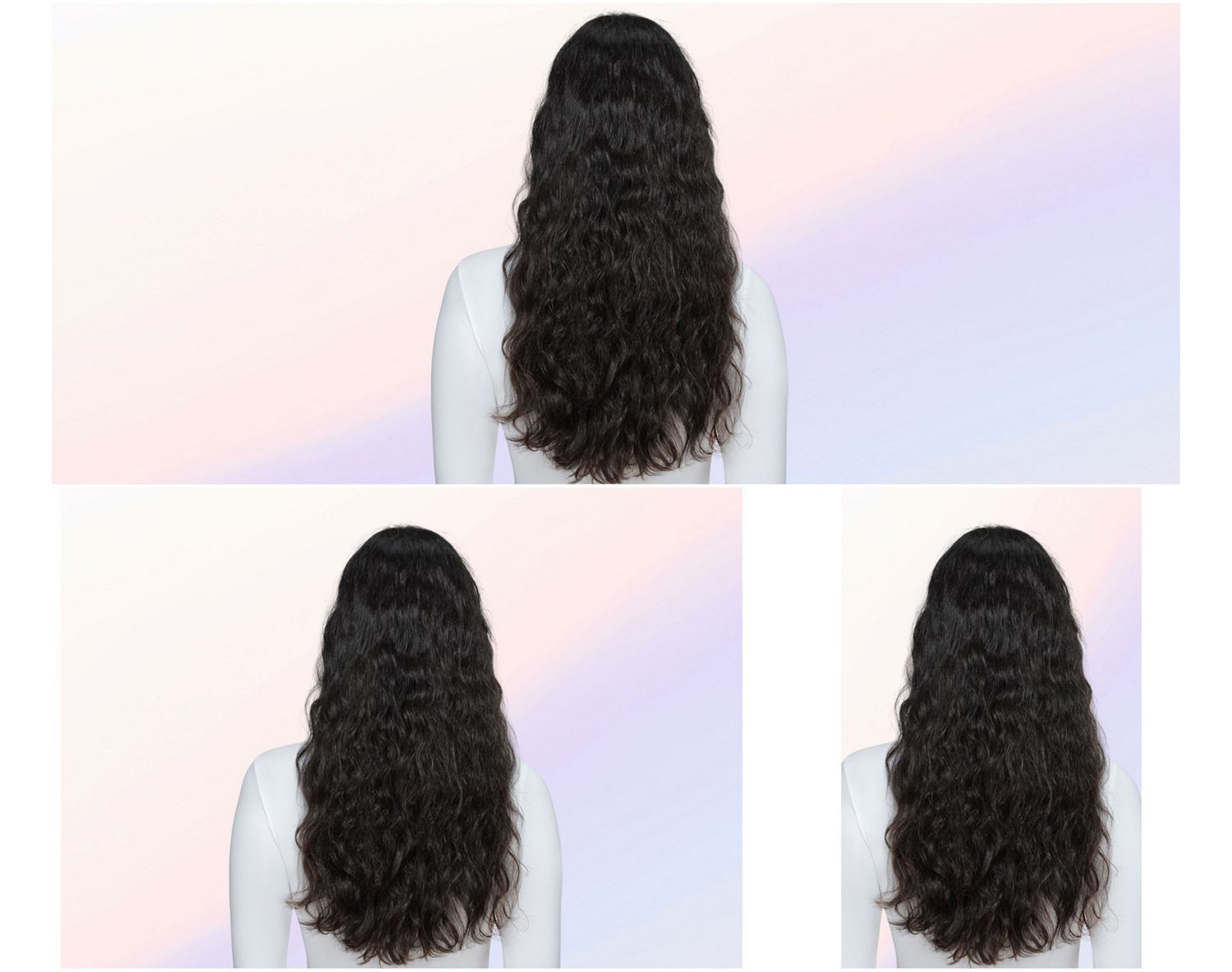 Before and after of wavy hair styled with the Dyson Airsmooth styling brush.