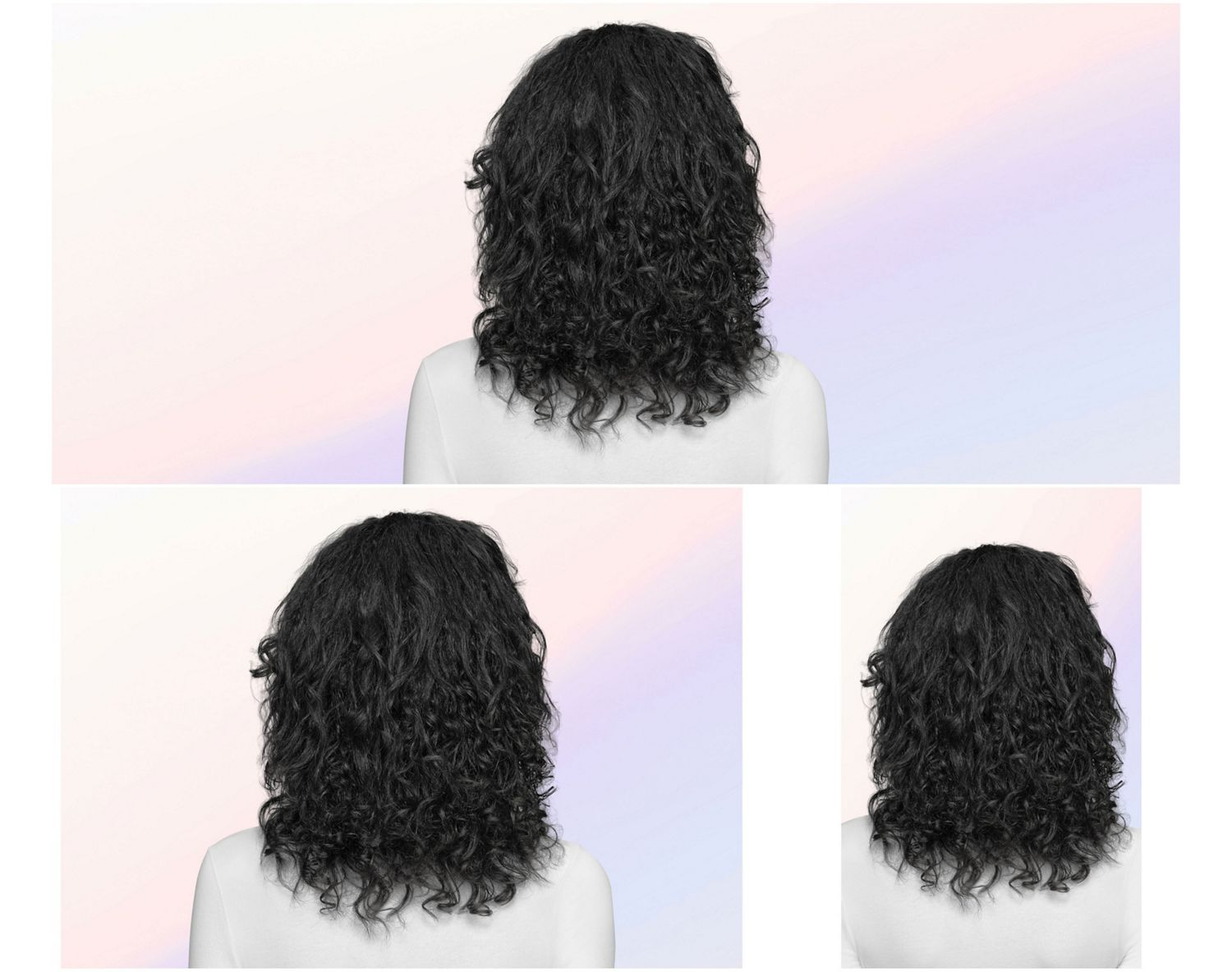 Before and after of curly hair styled with the Dyson Airsmooth styling brush.