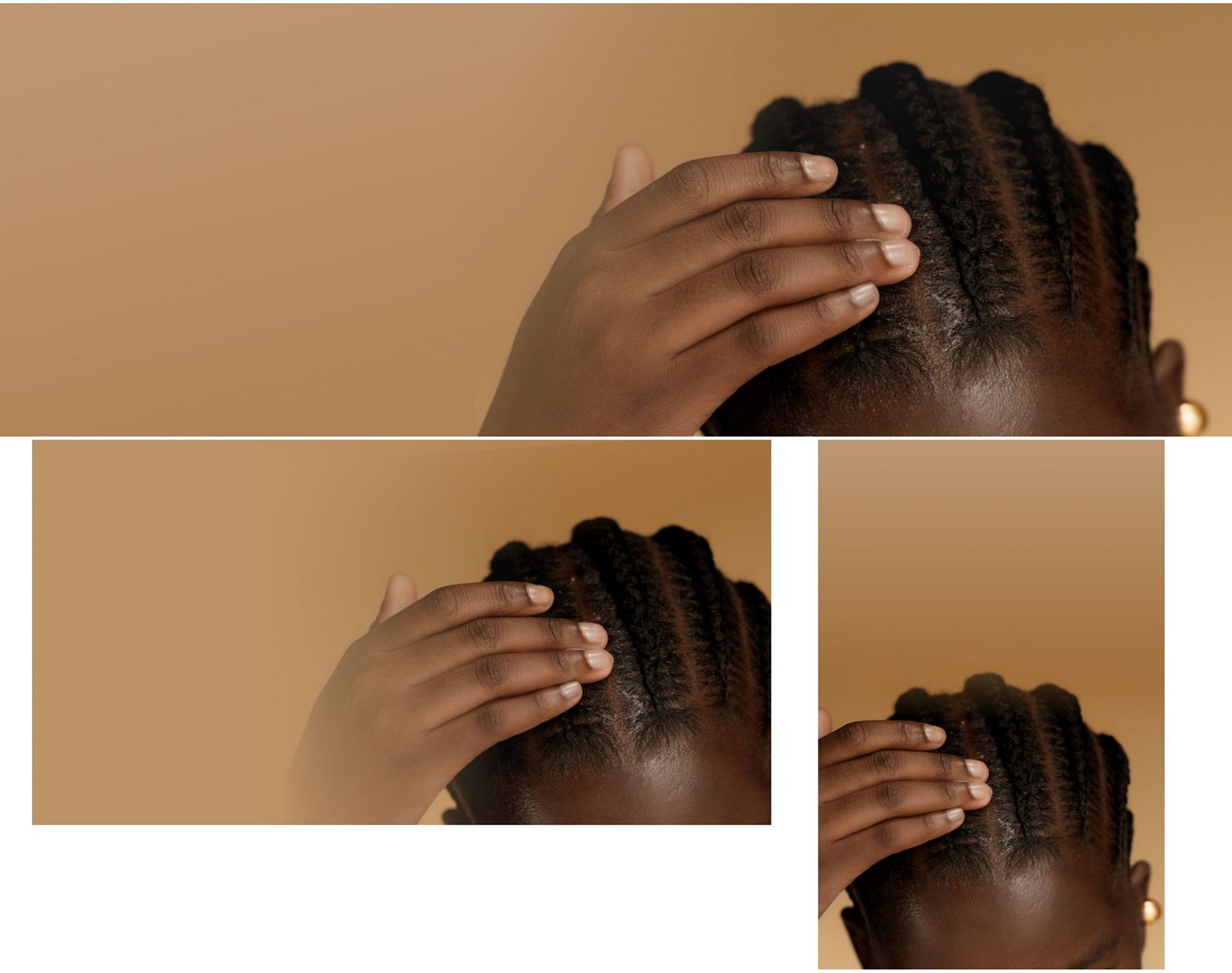 A model with coily hair styled into braids touches their scalp.