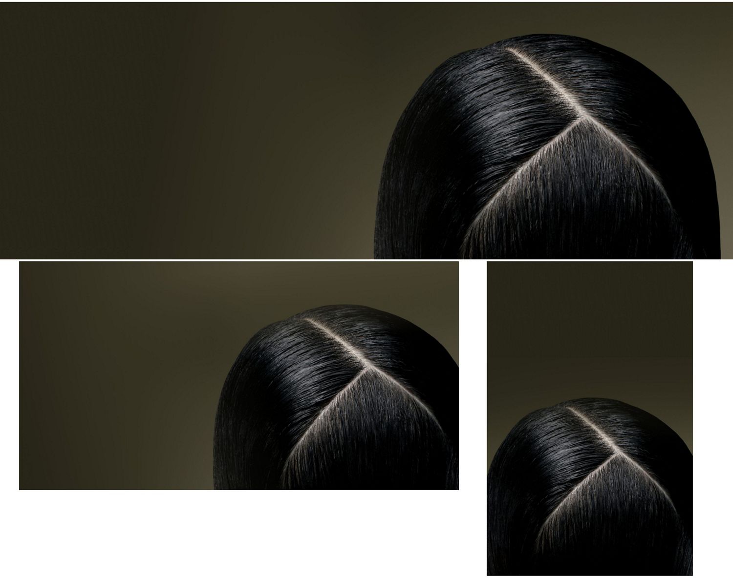 Top down view of a healthy scalp beneath straight hair.