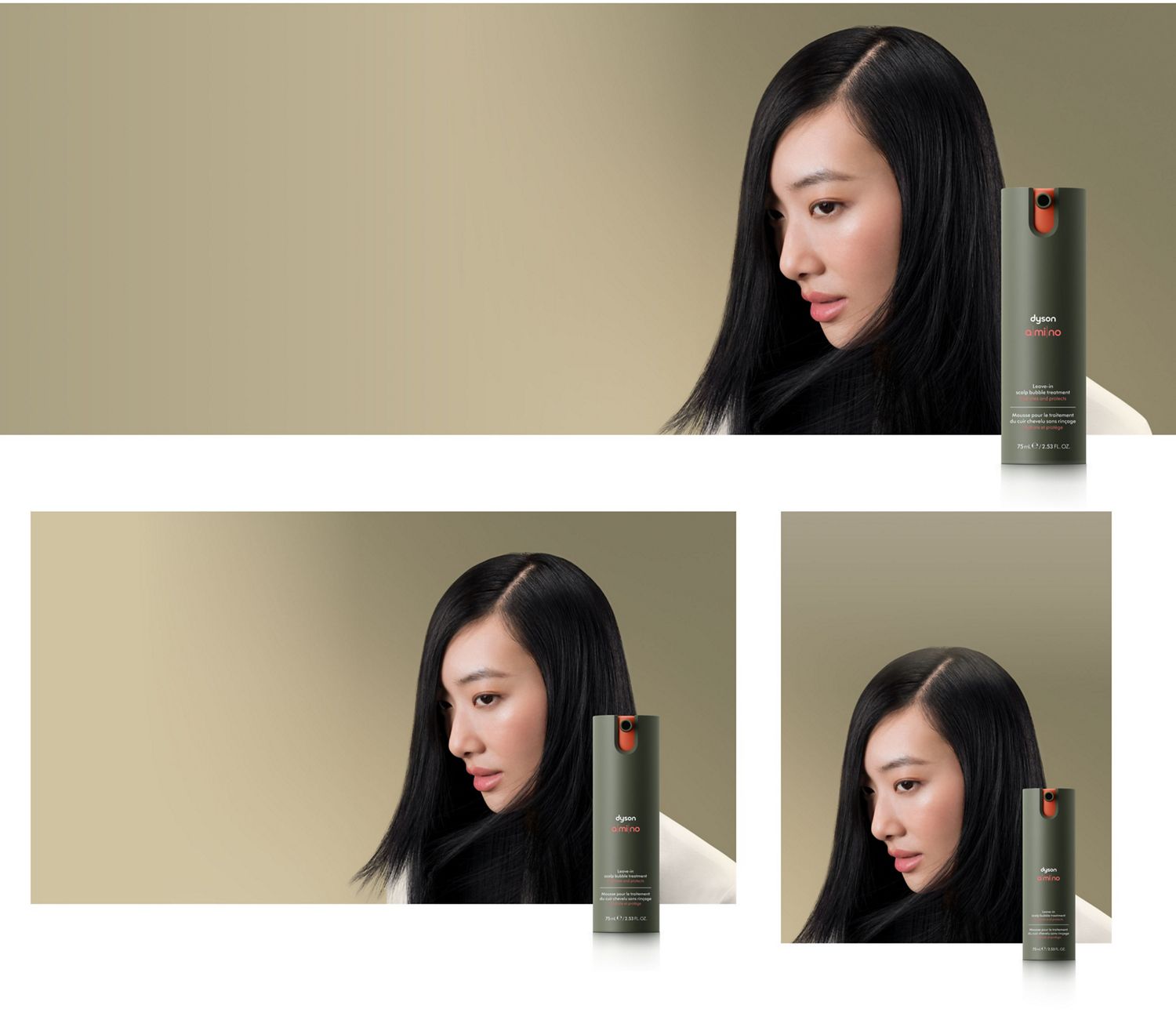 Un mannequin aux cheveux frisés applique le spray coiffant multi-usage Dyson Chitosan sur ses cheveux.