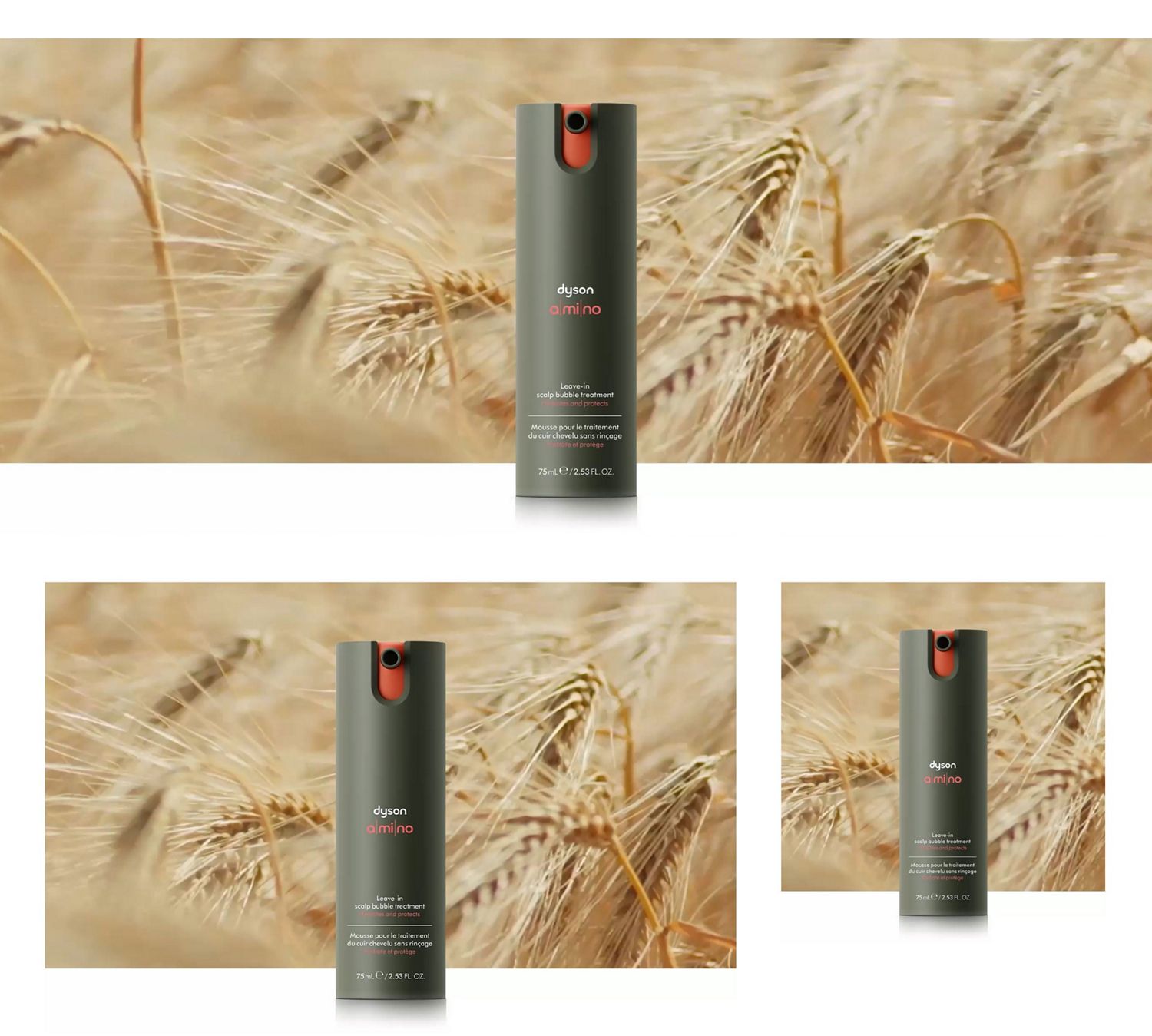 Dyson Amino leave-in scalp bubble treatment in front of barley growing in a field.