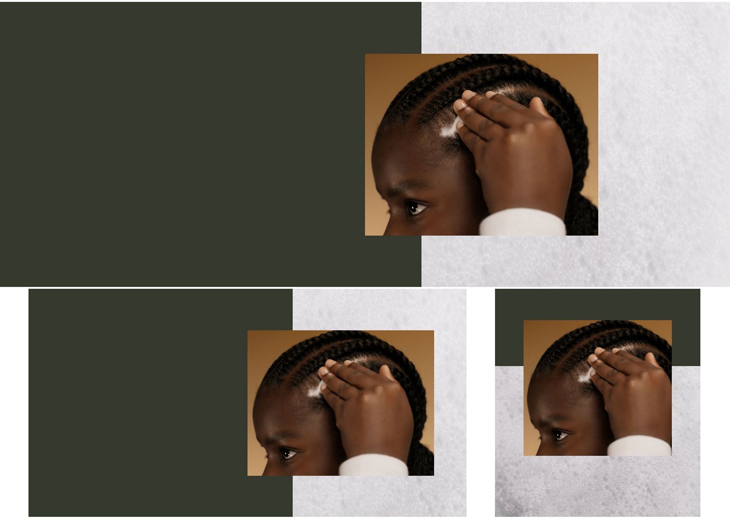 A model massages Dyson Amino leave-in scalp bubble treatment into her scalp.