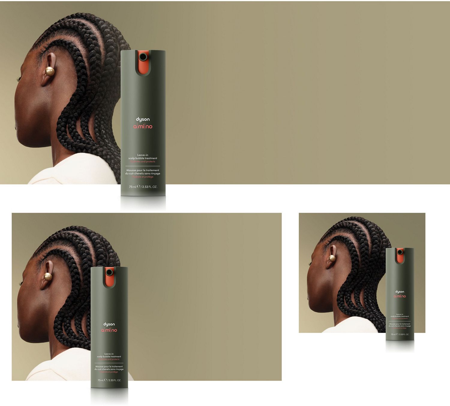 Dyson Amino leave-in scalp bubble treatment in front of a model.