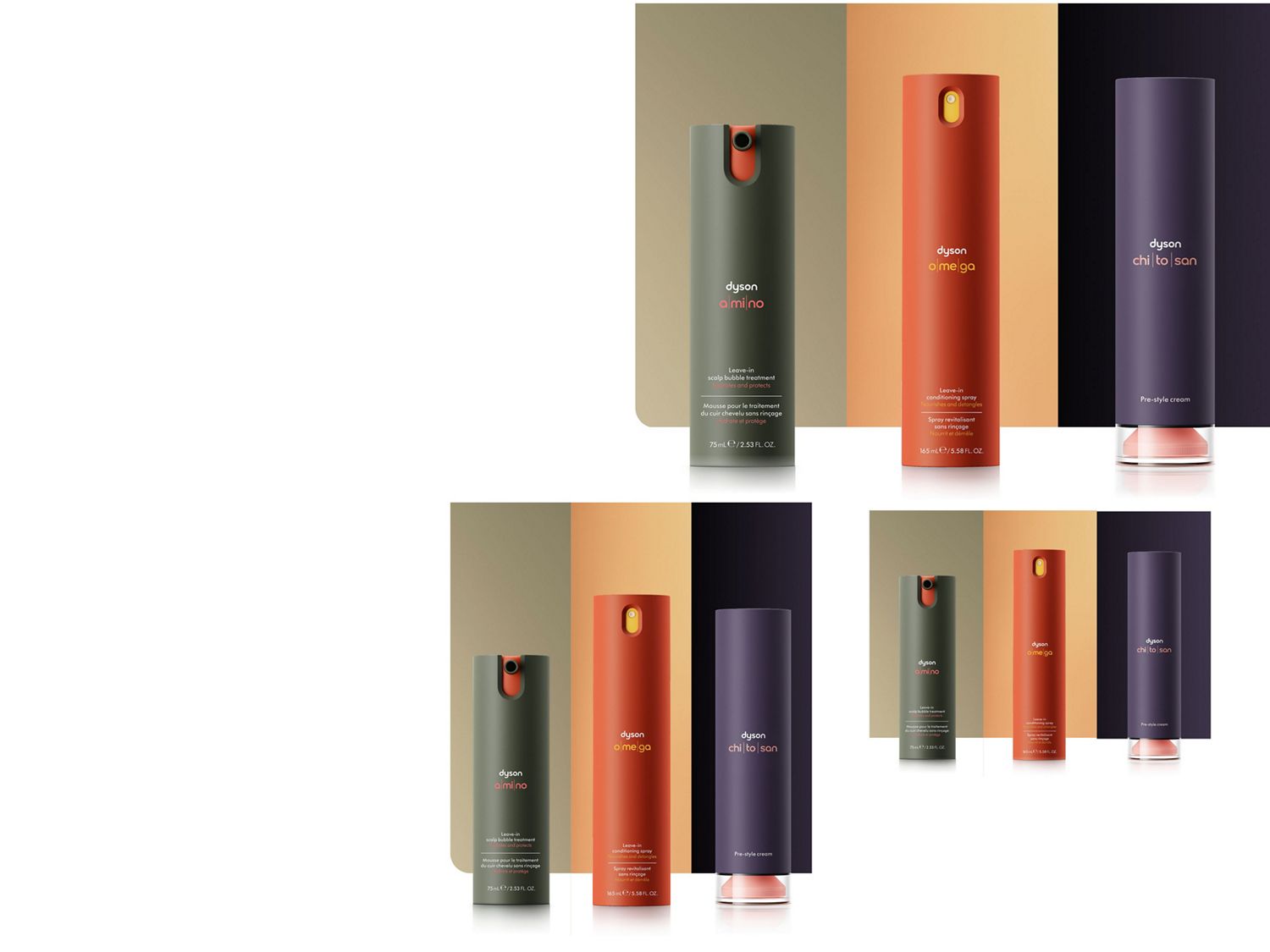 Trattamento schiumogeno senza risciacquo Dyson Amino per il cuoio capelluto, balsamo spray senza risciacquo Omega e crema pre-styling Chitosan.
