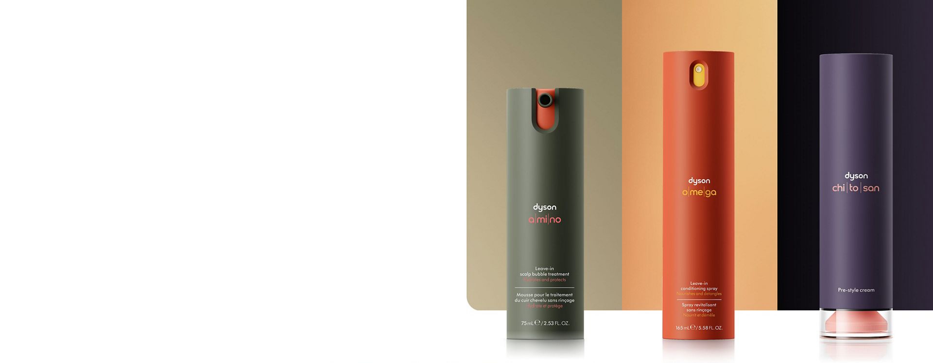 Dyson Amino leave-in scalp bubble treatment, Omega leave-in conditioning spray and Chitosan Pre-style cream.