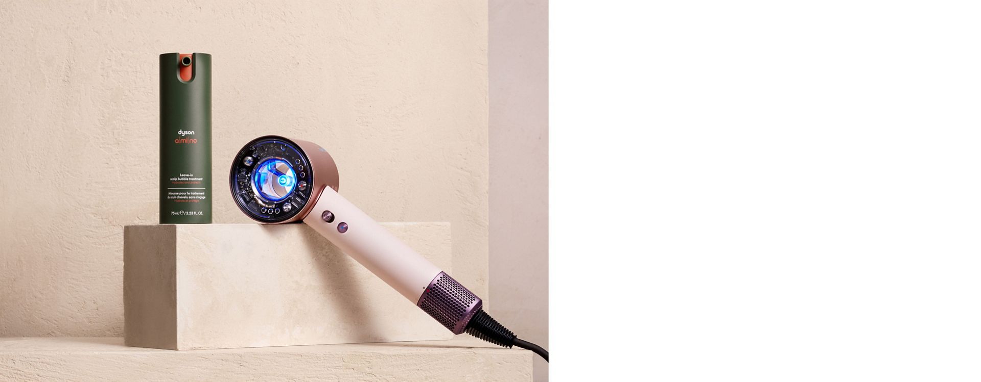 Dyson Amino leave-in scalp bubble treatment with the Dyson Supersonic Nural hair dryer.