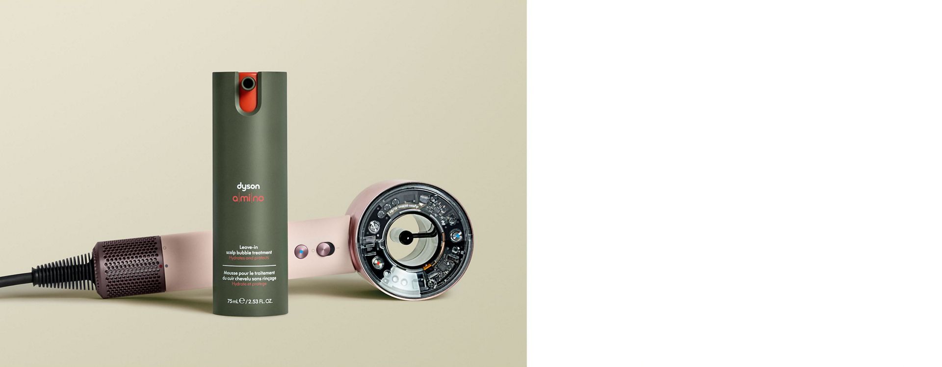 Dyson Amino leave-in scalp bubble treatment with the Dyson Supersonic Nural hair dryer.