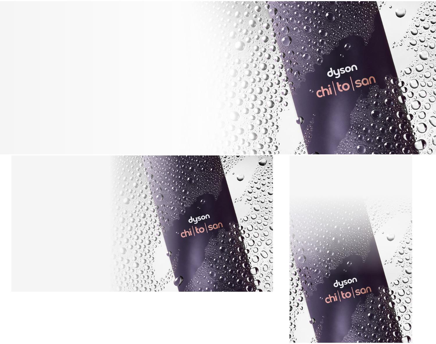 Dyson Chitosan Multi-use styling spray behind water droplets on a glass pane.