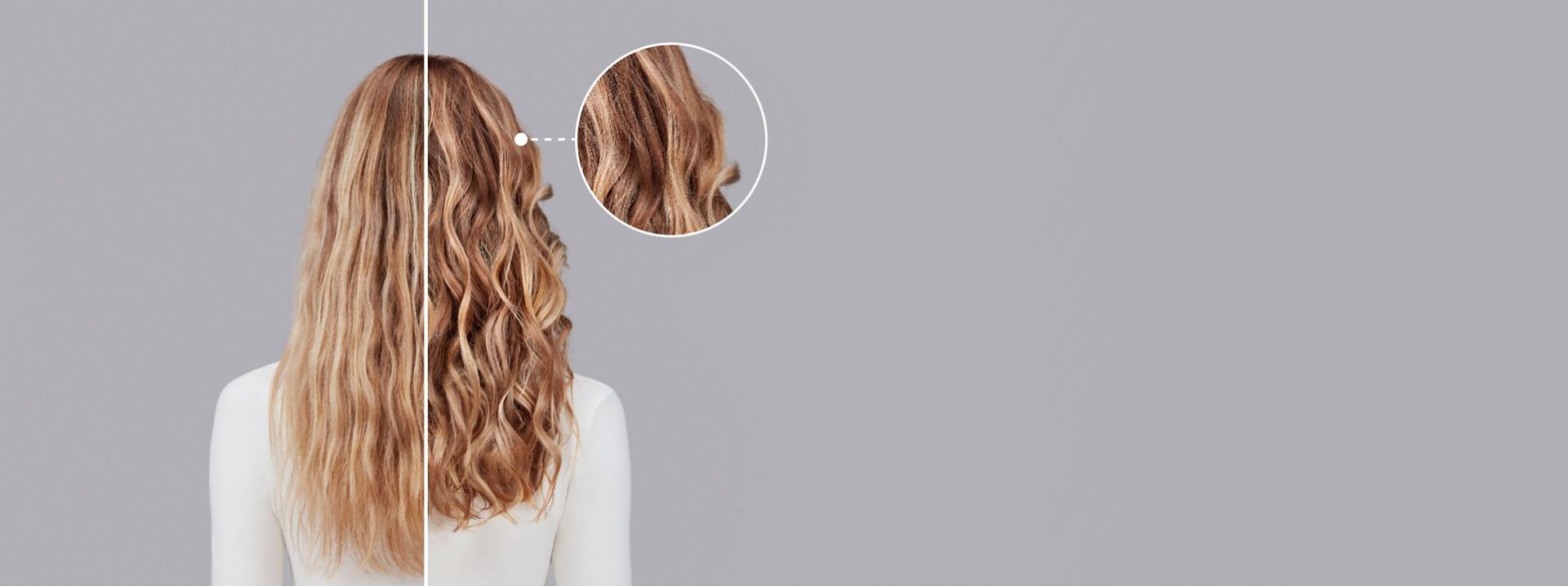 Dyson Chitosan styling range before and after results on wavy blonde hair.