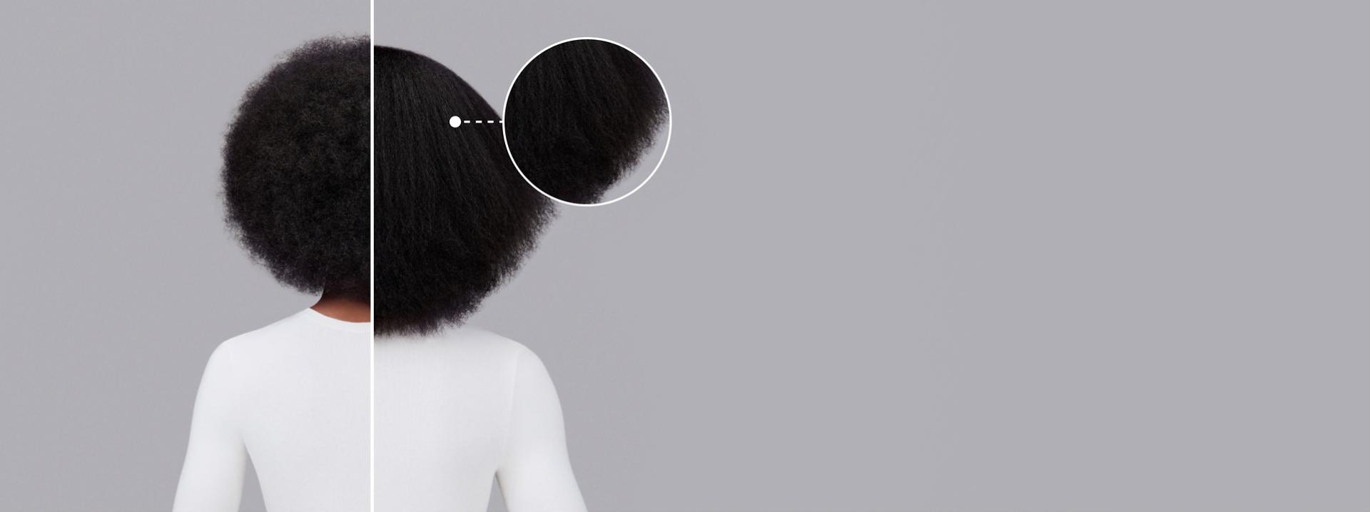Dyson Chitosan styling range before and after results on dark-brown coily hair.