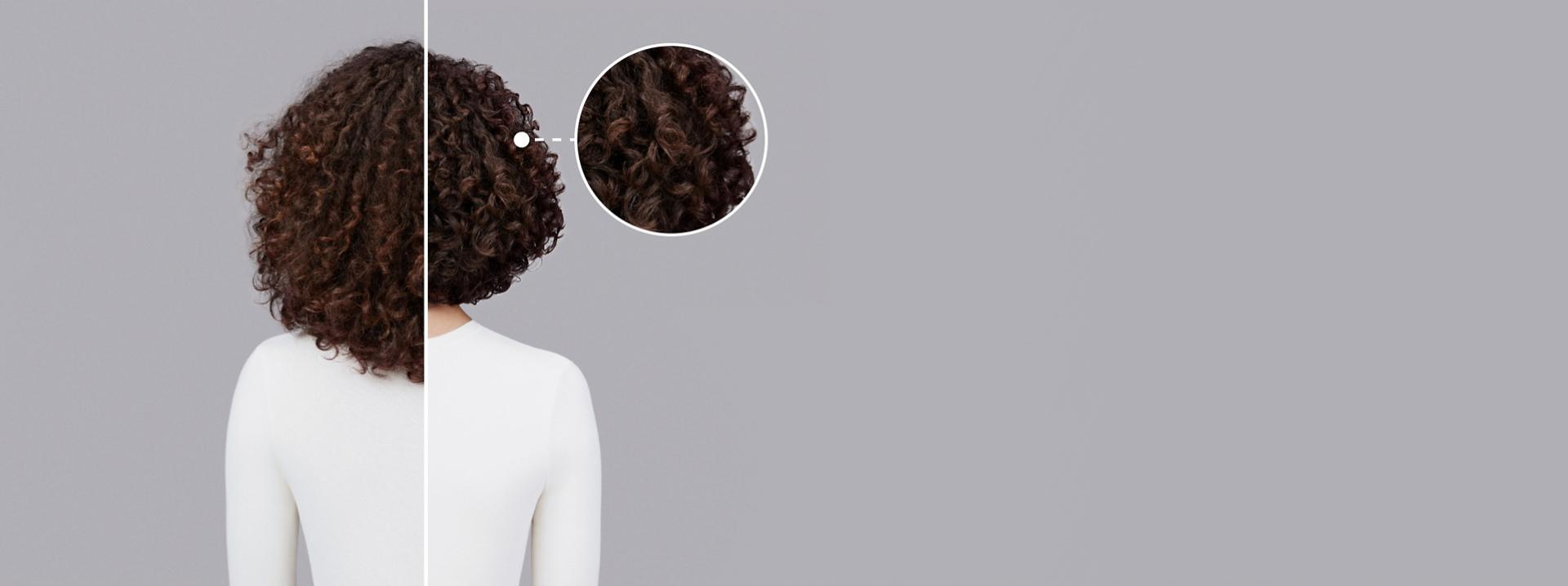 Dyson Chitosan styling range before and after results on curly brown hair.