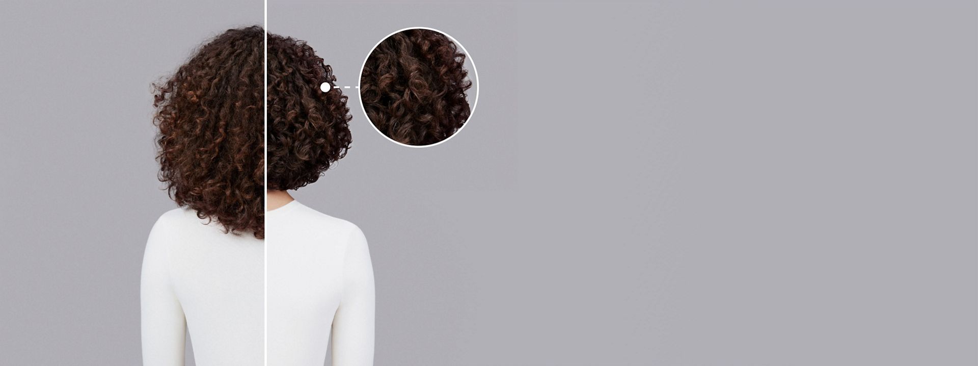 Dyson Chitosan styling range before and after results on curly brown hair.