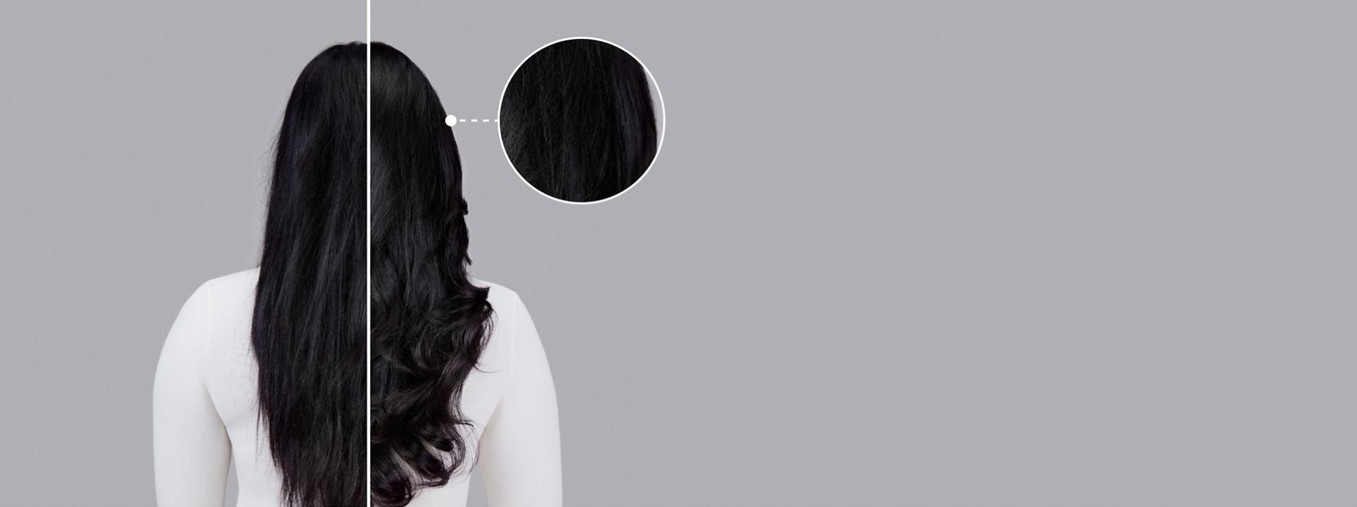 Dyson Chitosan styling range before and after results on wavy dark hair.