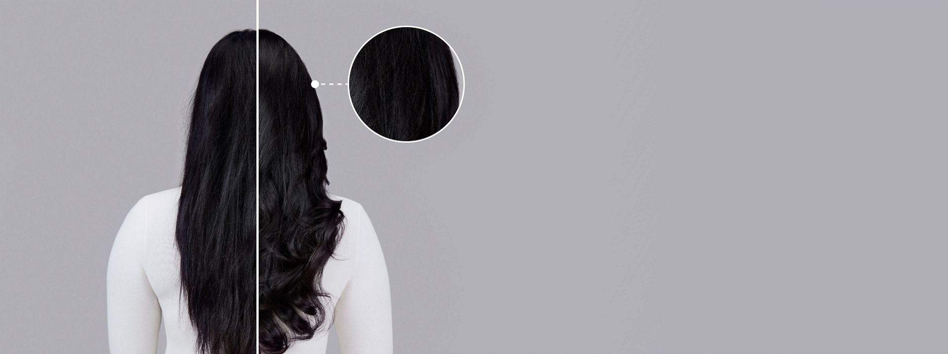Dyson Chitosan styling range before and after results on wavy dark hair.