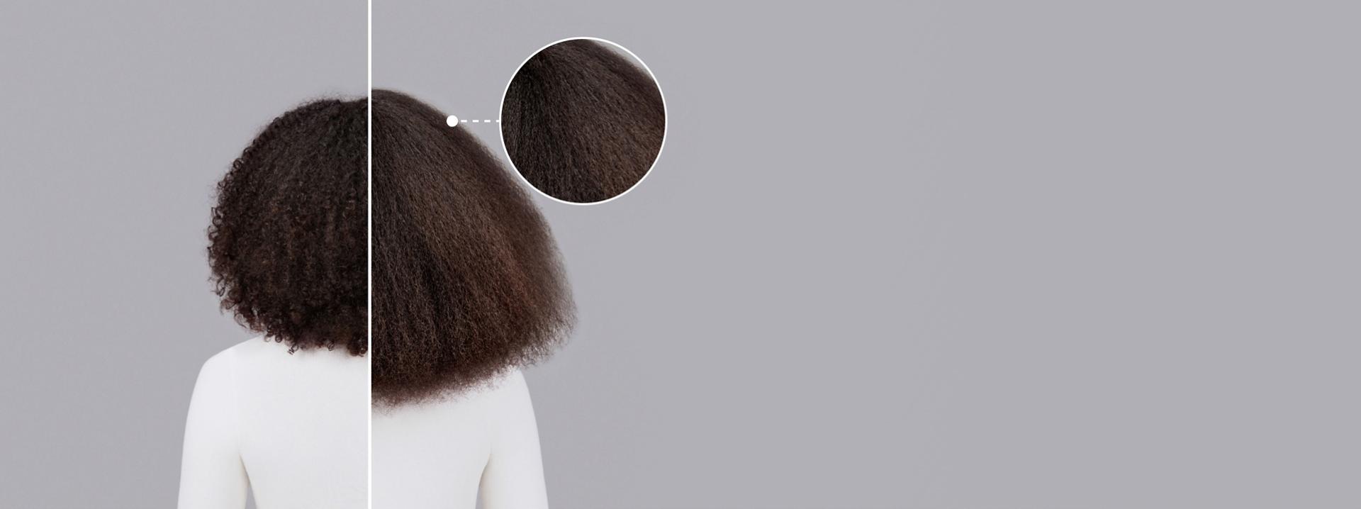 Dyson Chitosan styling range before and after results on brown coily hair.