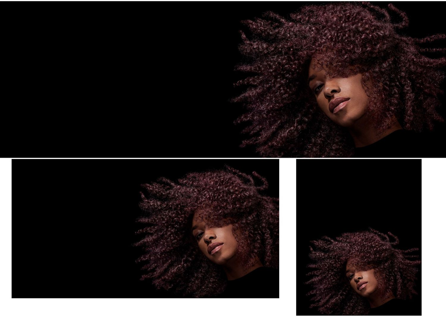 Model with voluminous brown coily hair styled with Dyson Chitosan products.