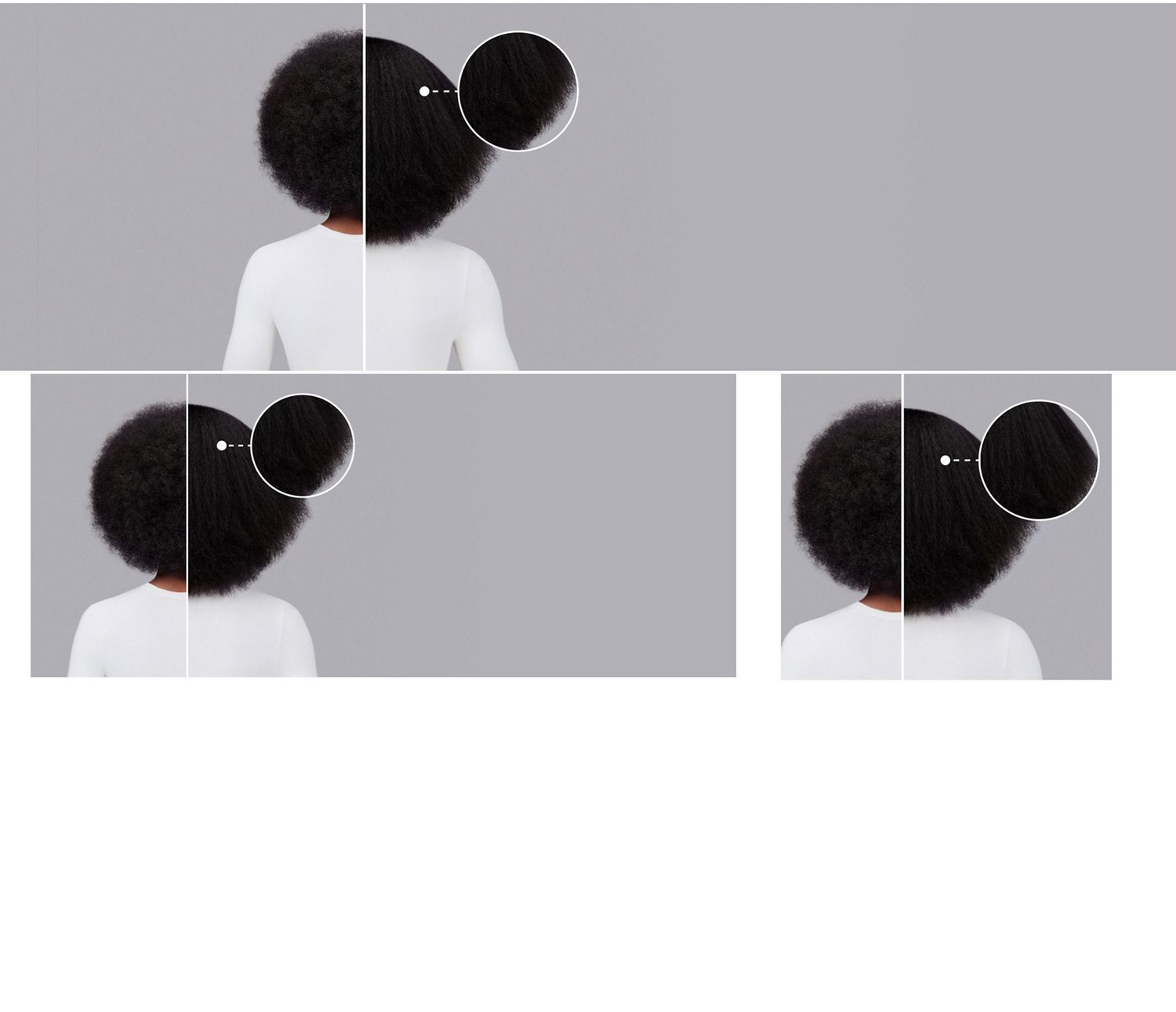 Dyson Chitosan styling range before and after results on dark-brown coily hair.