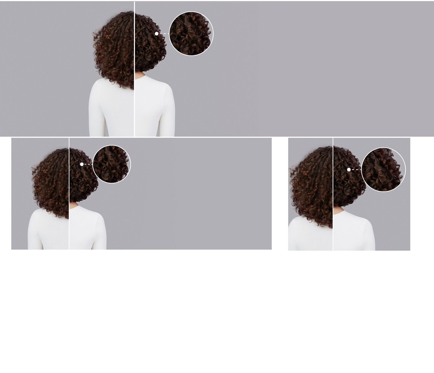 Dyson Chitosan styling range before and after results on curly brown hair.