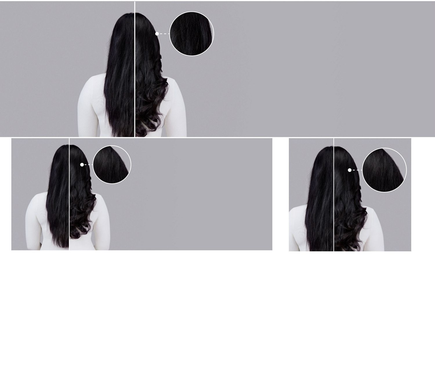 Dyson Chitosan styling range before and after results on wavy dark hair.