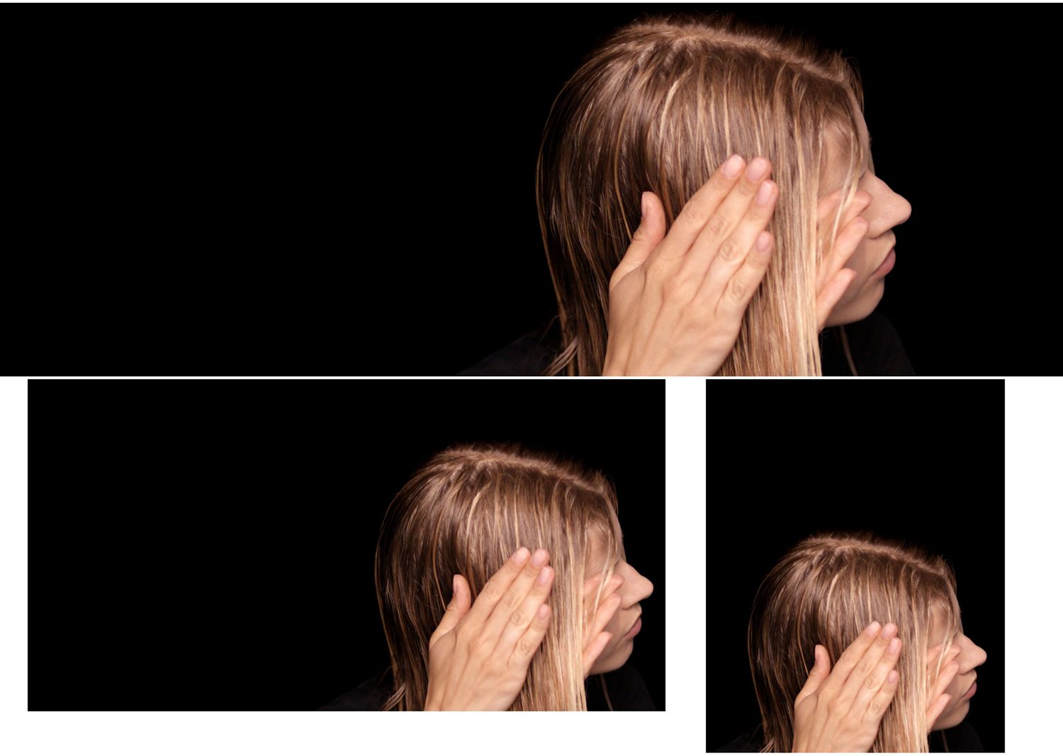 Blonde model applies Dyson Chitosan Pre-style cream to her hair.